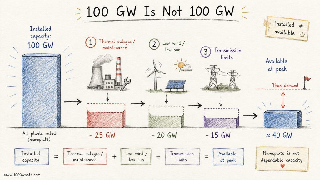 Hand-drawn resource adequacy infographic showing 100 GW of installed capacity reduced by outages, low renewables, and transmission limits to about 40 GW available at peak.