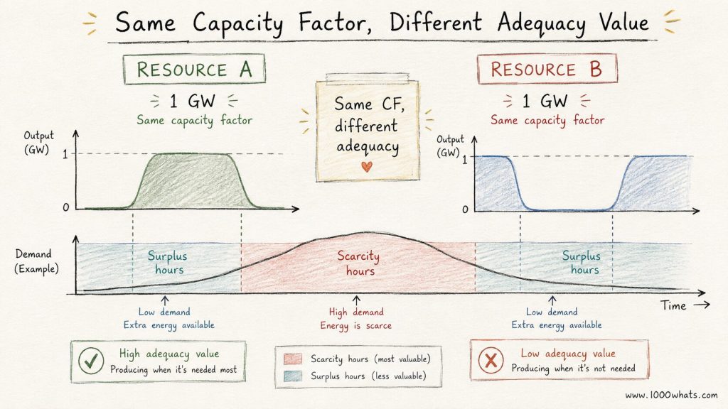 Hand-drawn resource adequacy infographic comparing two 1 GW resources with the same capacity factor but different output timing during scarcity and surplus hours.