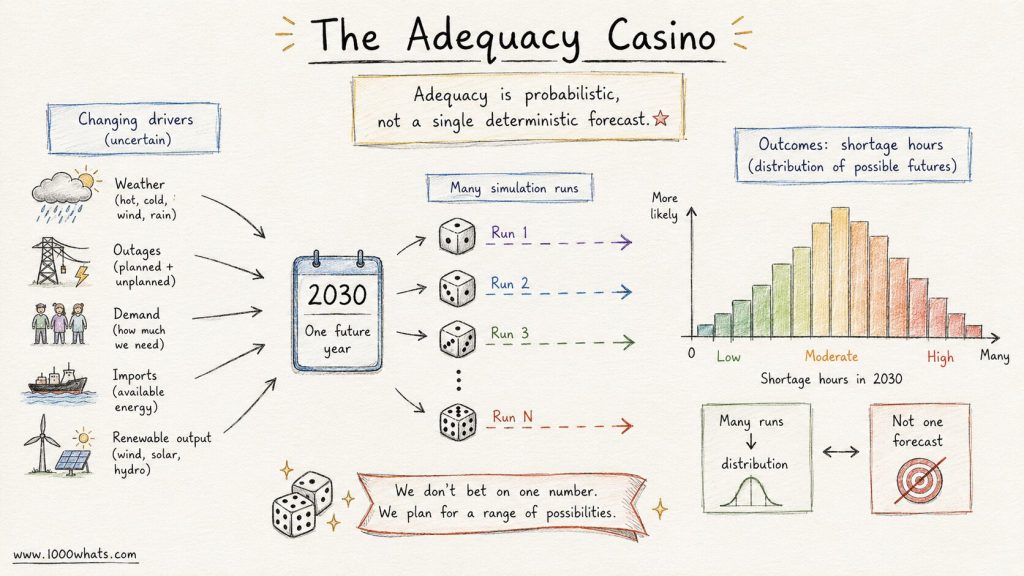 Hand-drawn resource adequacy infographic showing many simulation runs for 2030 and a distribution of possible shortage hours.