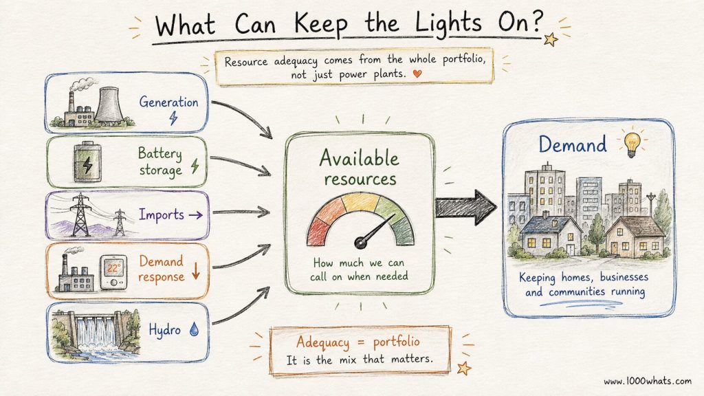 Hand-drawn resource adequacy infographic showing generation, batteries, imports, demand response, and hydro feeding into available resources to meet demand.