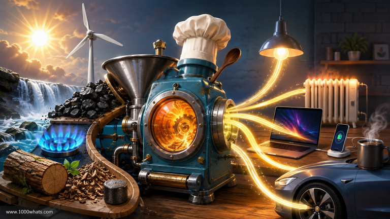Featured image about resource adequacy showing coal, gas, hydro, wind, and other energy sources feeding a central machine that powers homes, devices, heating, and an electric car.