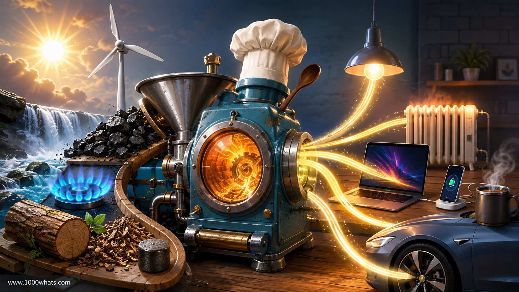 Featured image about resource adequacy showing coal, gas, hydro, wind, and other energy sources feeding a central machine that powers homes, devices, heating, and an electric car.