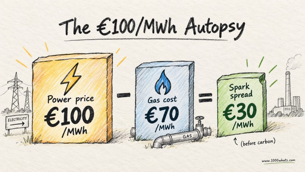 Spark spread diagram showing €100/MWh electricity price minus €70/MWh gas cost equals a €30/MWh spark spread before carbon costs.