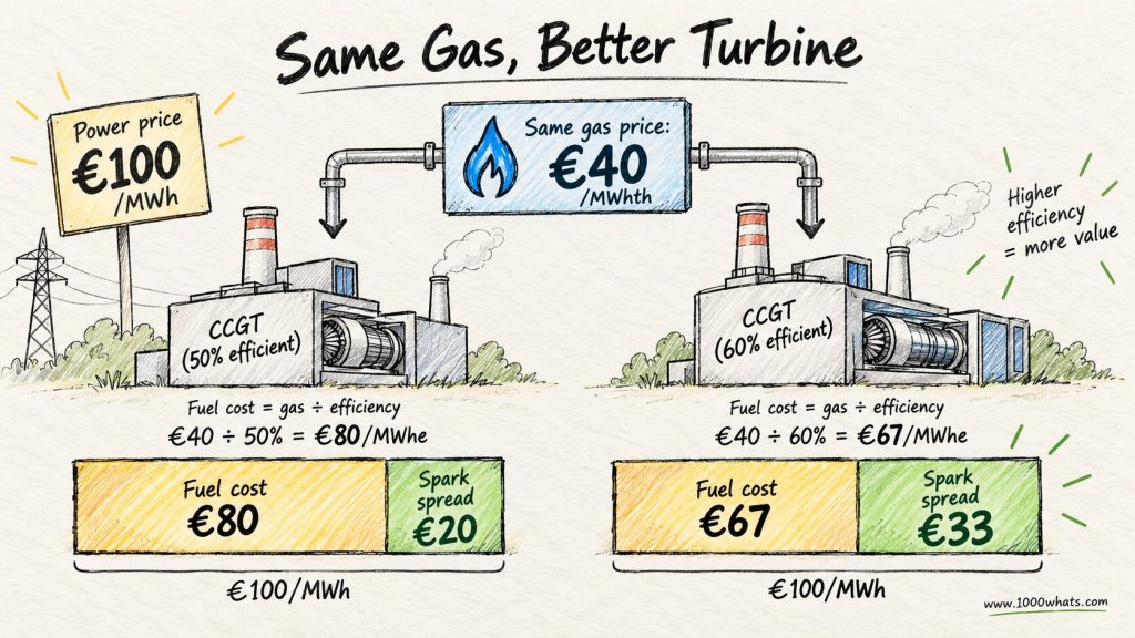 Comparison of 50% and 60% efficient CCGT plants showing how higher efficiency lowers fuel cost and increases the spark spread.