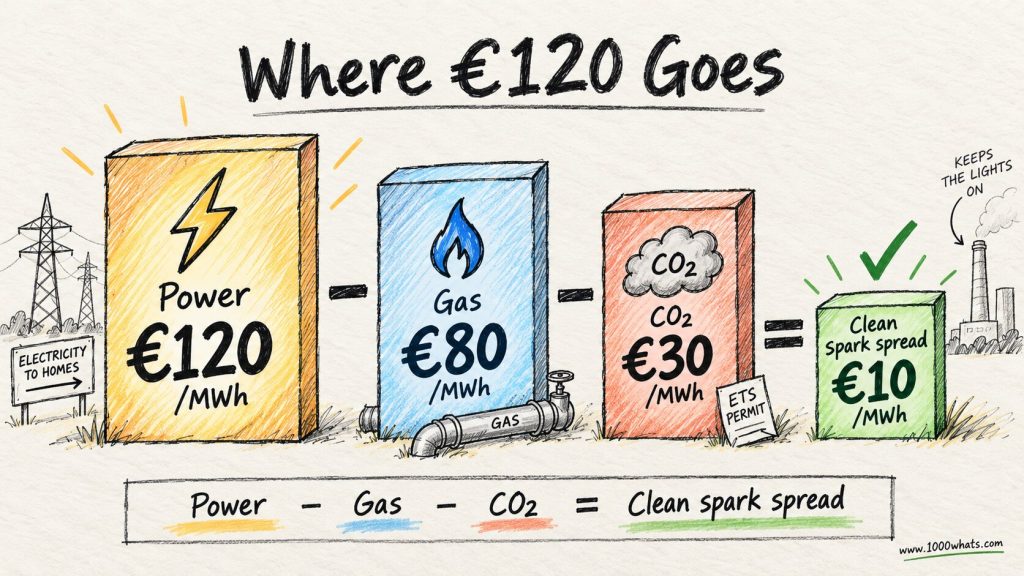 Clean spark spread diagram showing €120/MWh power price minus €80/MWh gas cost and €30/MWh carbon cost equals €10/MWh.