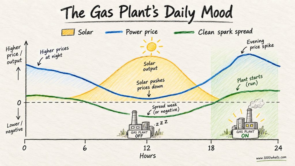 Daily chart showing solar output lowering daytime electricity prices and spark spread before an evening price rise makes gas generation profitable.