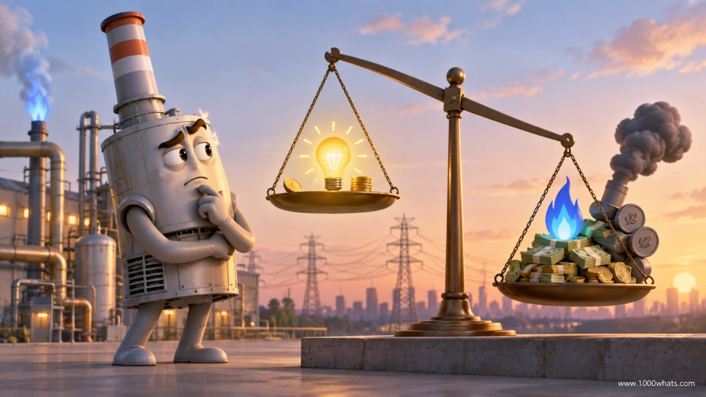 Gas-fired power plant beside a balance scale comparing electricity revenue with gas costs to illustrate spark spread economics.