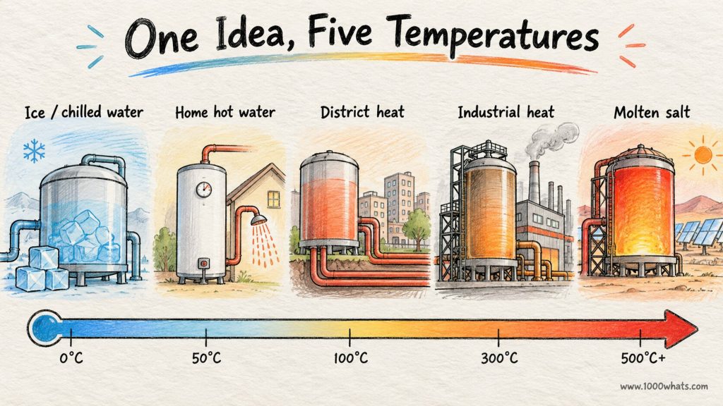 Thermal energy storage diagram comparing chilled water, hot water, district heat, industrial heat and molten salt across different temperatures.
