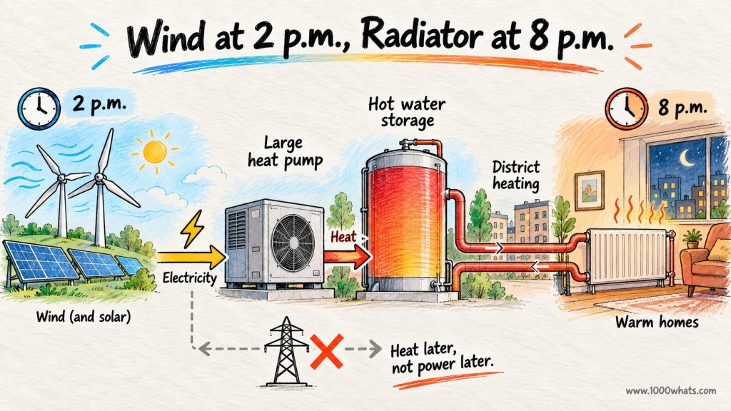 Thermal energy storage system using renewable electricity, a large heat pump and hot-water tank to provide evening district heating.