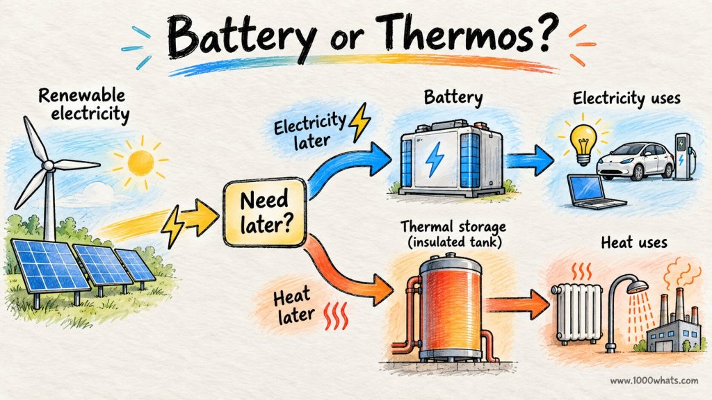 Thermal energy storage versus battery storage diagram showing electricity stored for electrical uses and heat stored for heating uses.