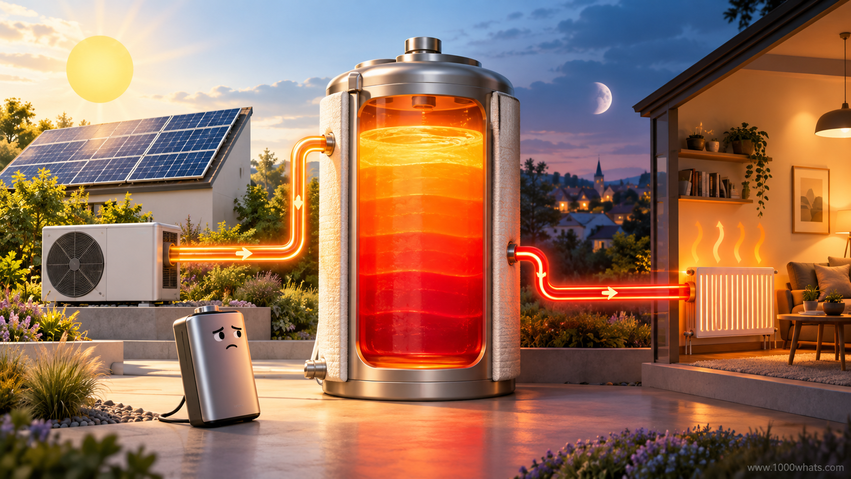 Thermal energy storage tank charged by solar-powered heat pump during the day and supplying home heating after sunset.