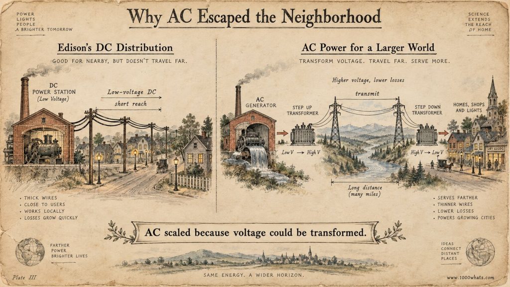 War of the currents diagram comparing short-range Edison DC distribution with long-distance AC transmission using transformers.