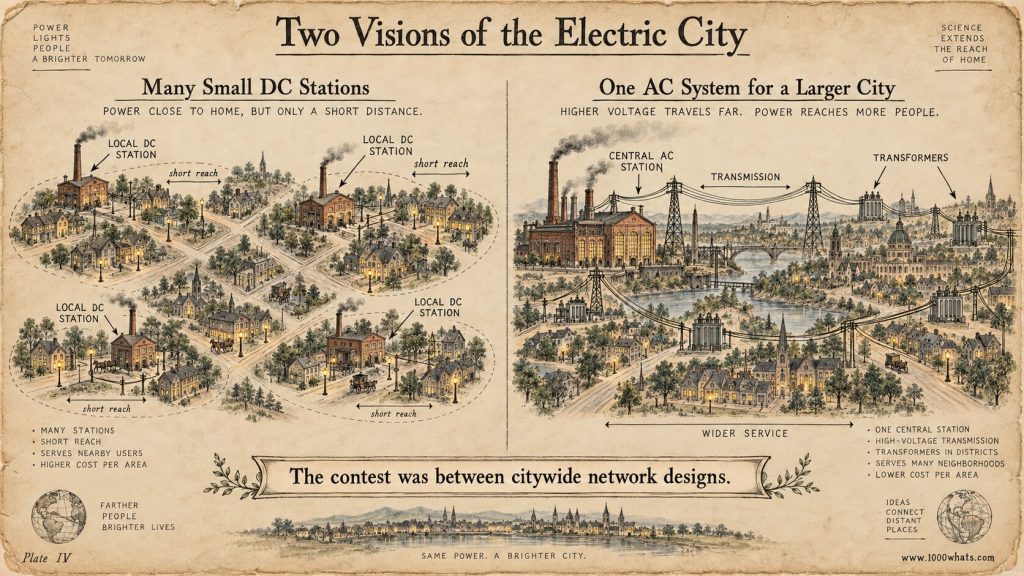 War of the currents illustration comparing many local DC stations with one larger AC network serving an entire city.