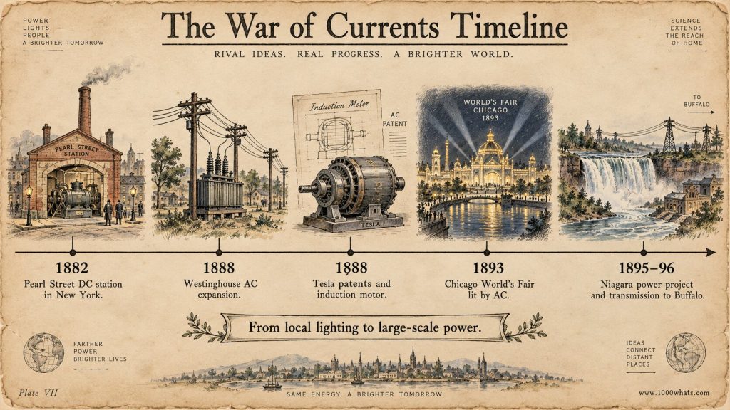 War of the currents timeline from Pearl Street in 1882 through Tesla and Westinghouse milestones to Niagara power in 1895–96.