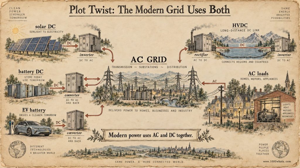 Modern grid diagram showing AC transmission alongside DC solar, batteries, EVs and HVDC after the war of the currents.