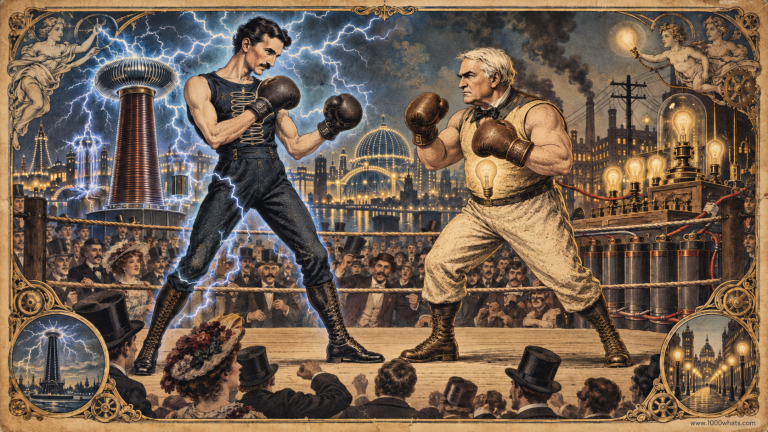 Vintage boxing-poster scene of Tesla and Edison facing off in a ring to symbolize the war of the currents between AC and DC power.