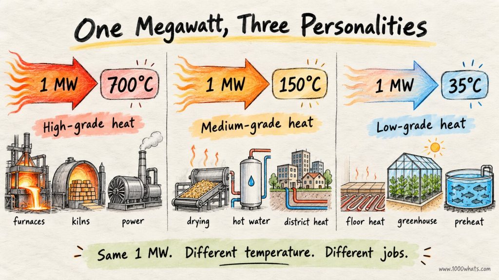 Waste heat diagram comparing 1 MW at 700°C, 150°C, and 35°C and showing suitable uses for high-, medium-, and low-grade heat.