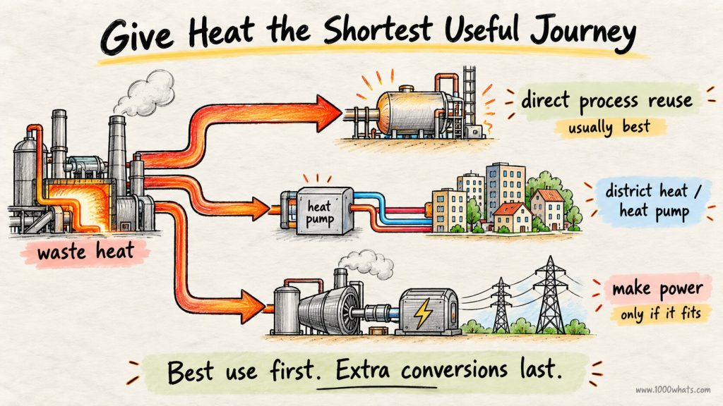 Waste heat recovery diagram showing direct process reuse, district heating with a heat pump, and electricity generation as possible pathways.