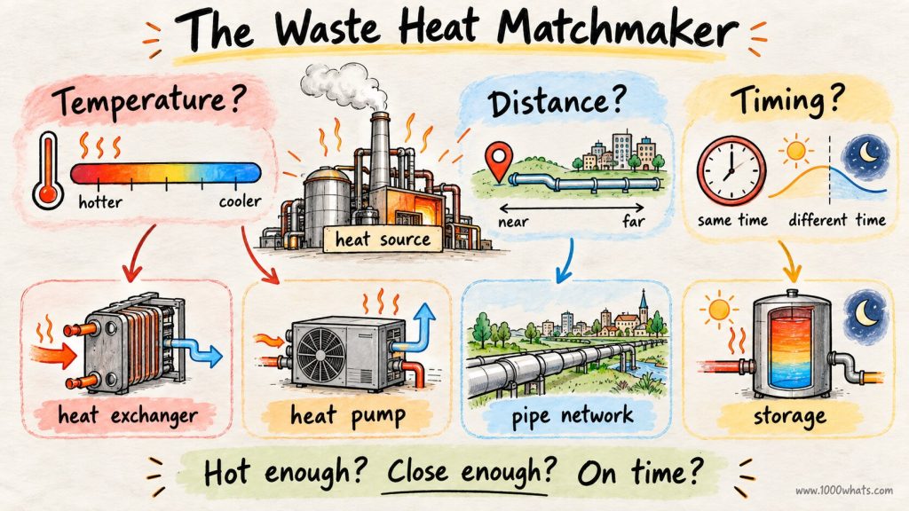 Waste heat diagram showing temperature, distance, and timing as the main factors determining whether to use a heat exchanger, heat pump, pipe network, or storage.