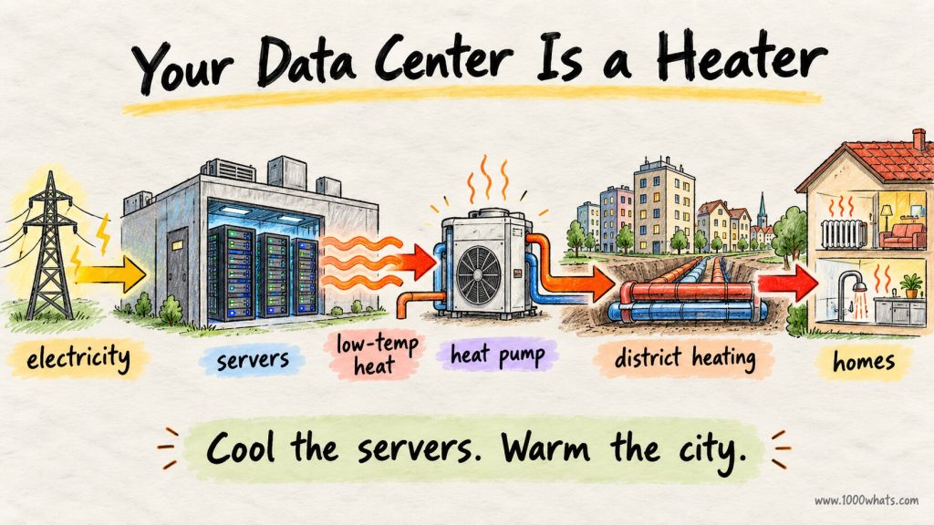 Waste heat from a data center flowing through a heat pump into a district heating network that supplies homes.