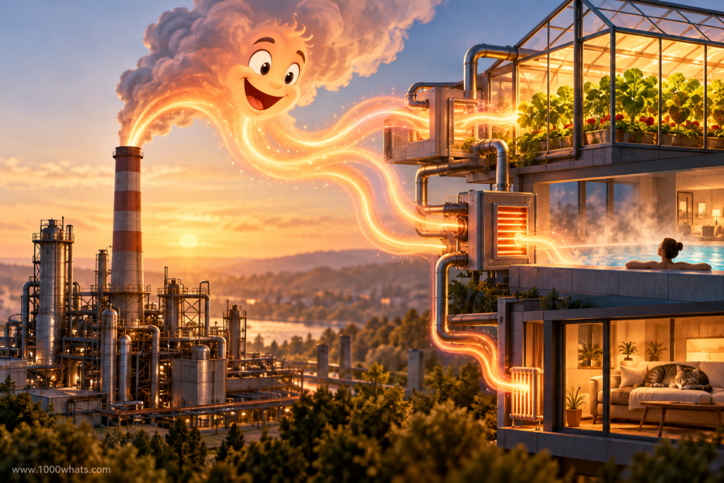 Waste heat featured image showing captured industrial heat flowing from a factory toward buildings, heating systems, and a greenhouse.