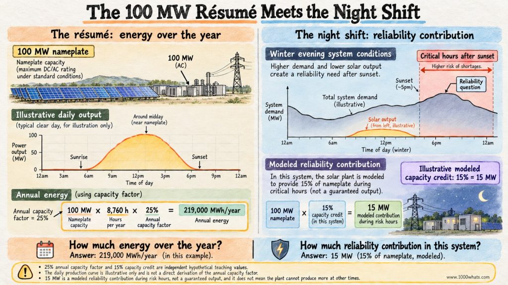 Capacity credit infographic comparing a 100 MW solar plant’s annual energy production with a modeled 15 MW reliability contribution during critical hours.