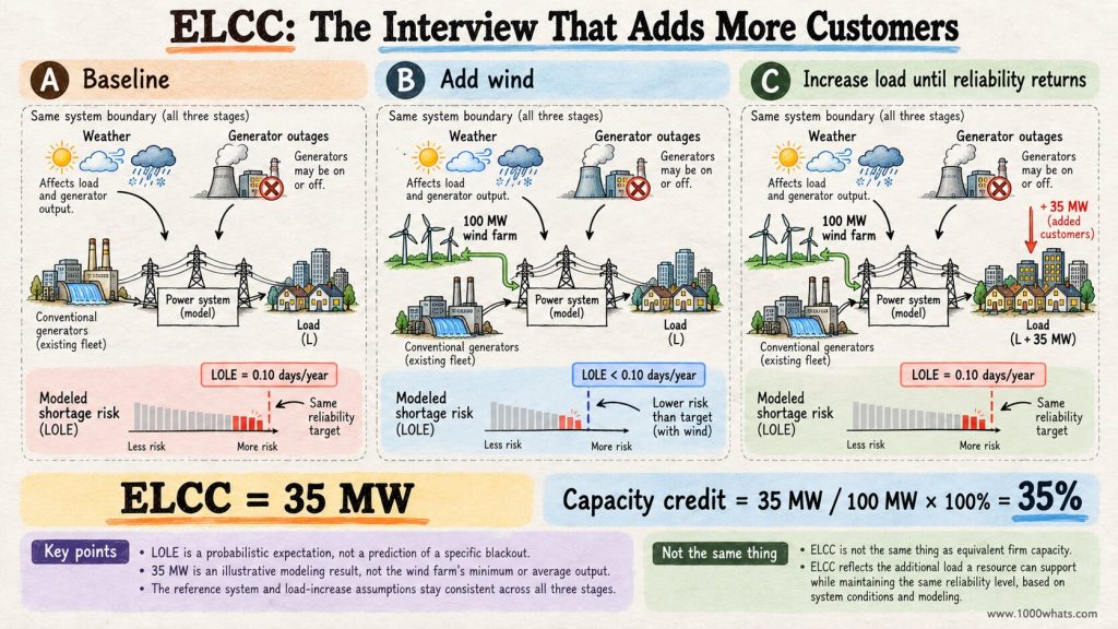 Capacity credit diagram showing how ELCC adds a 100 MW wind farm and increases load until the original reliability level is restored.