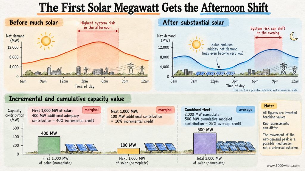 Capacity credit infographic showing declining marginal solar capacity value as higher solar penetration shifts system risk from afternoon toward evening hours.