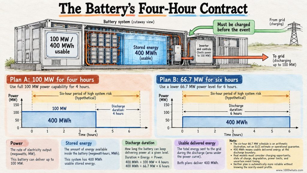 Capacity credit illustration comparing four-hour and six-hour discharge strategies for a 100 MW, 400 MWh battery during a high-risk system period.