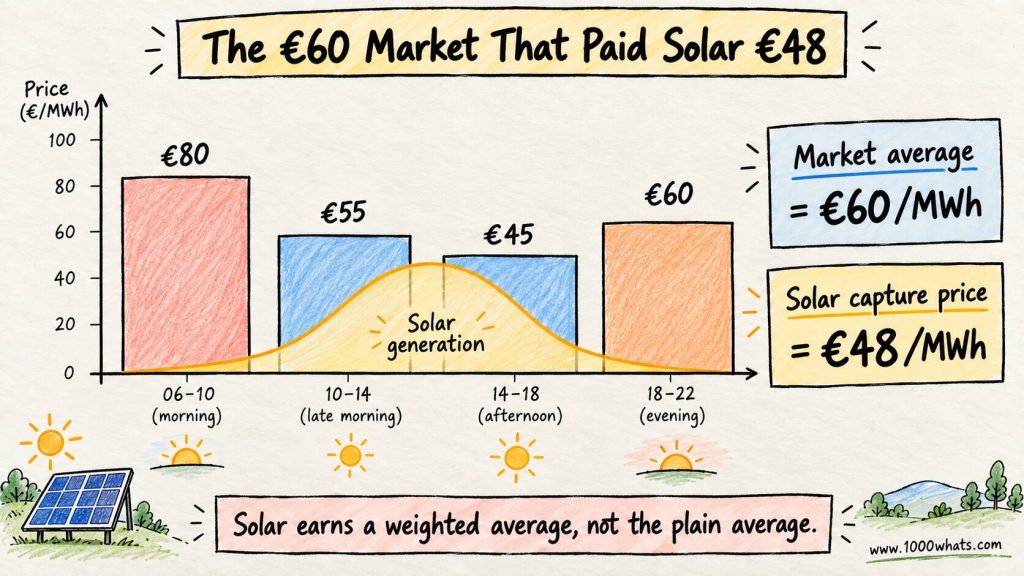 Capture price infographic showing a €60/MWh market average and a €48/MWh solar capture price due to production during lower-price hours.