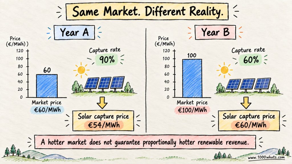 Capture price comparison showing solar earning €54/MWh at a 90% capture rate and €60/MWh at a 60% capture rate in a higher-price market.