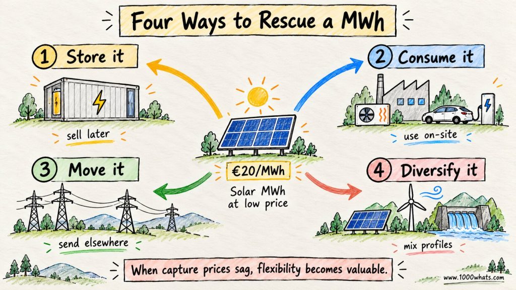 Capture price infographic showing storage, on-site consumption, grid transmission, and generation diversification as ways to improve renewable energy value.