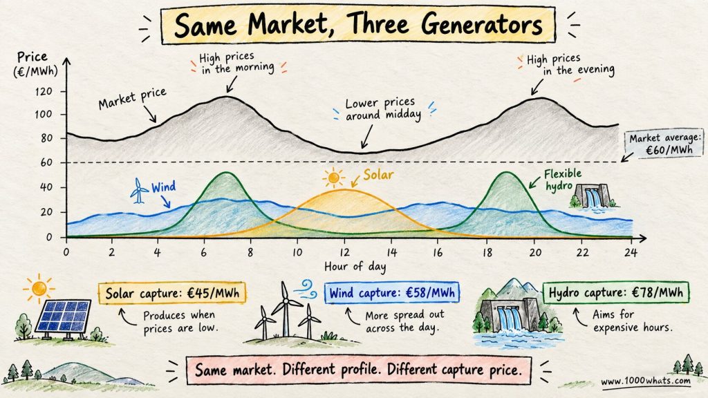 Capture price comparison showing solar at €45/MWh, wind at €58/MWh, and flexible hydro at €78/MWh in the same electricity market.