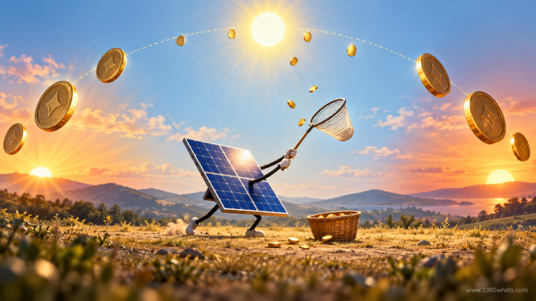 Capture price featured image showing a solar panel catching coins throughout the day to represent the changing value of solar generation.
