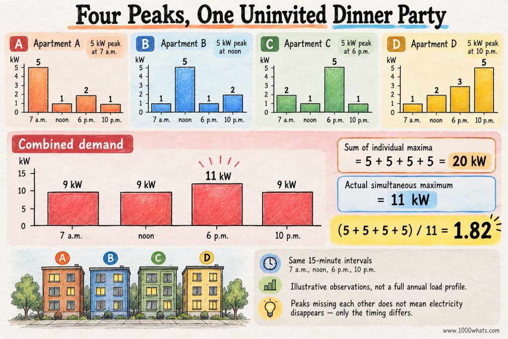 Diversity factor example showing four apartments with 5 kW individual peaks at different times, producing a combined maximum demand of 11 kW instead of 20 kW.