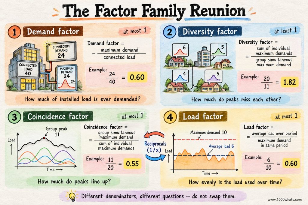 Diversity factor infographic comparing demand factor, diversity factor, coincidence factor and load factor with formulas, examples and typical values.