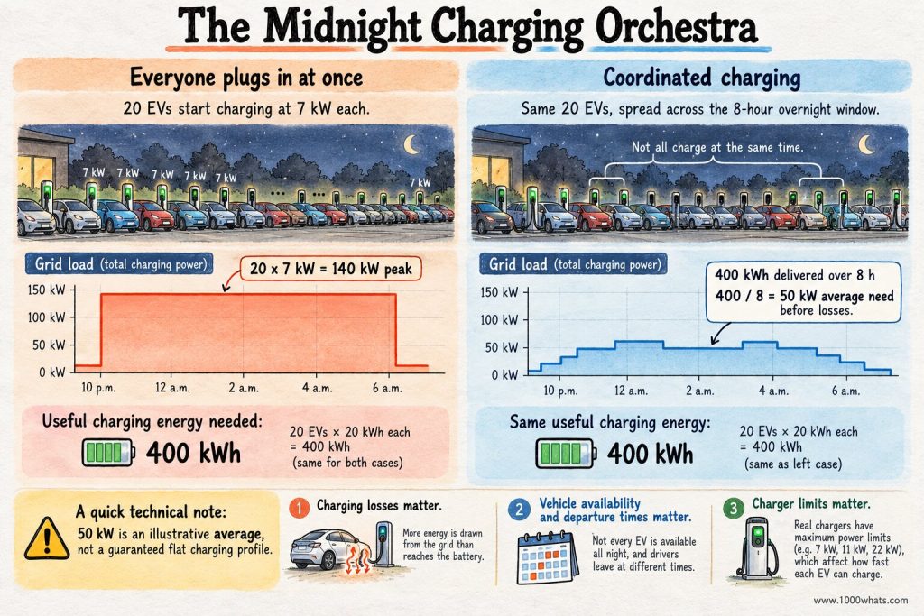 Diversity factor illustration comparing simultaneous charging of 20 EVs at a 140 kW peak with coordinated overnight charging that spreads demand over time.