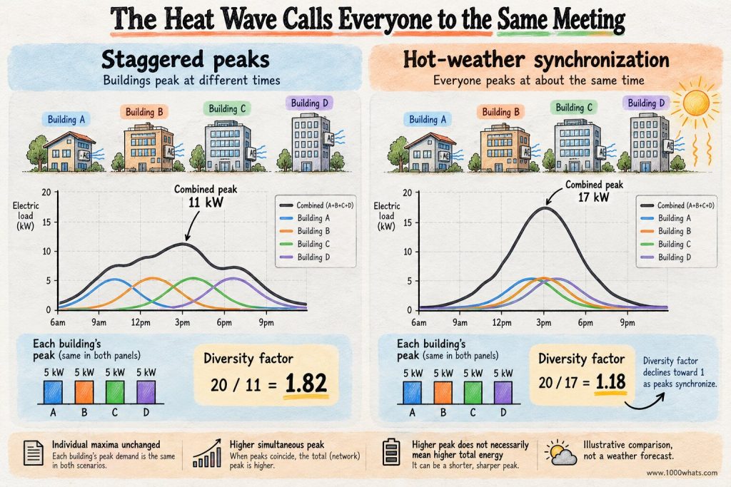 Diversity factor comparison showing staggered building peaks with an 11 kW combined maximum versus heat-wave synchronized peaks reaching 17 kW.