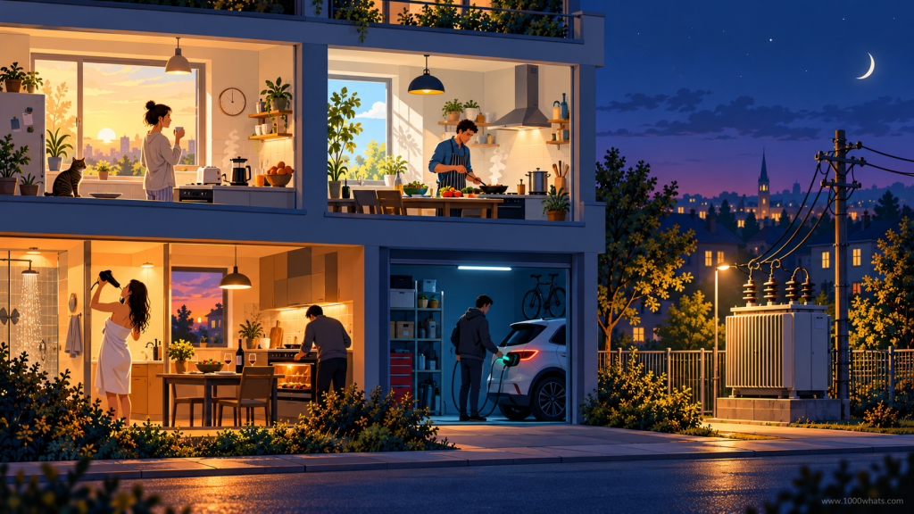 Diversity factor featured image showing apartments using electricity at different times for cooking, showering and EV charging while sharing one distribution transformer.