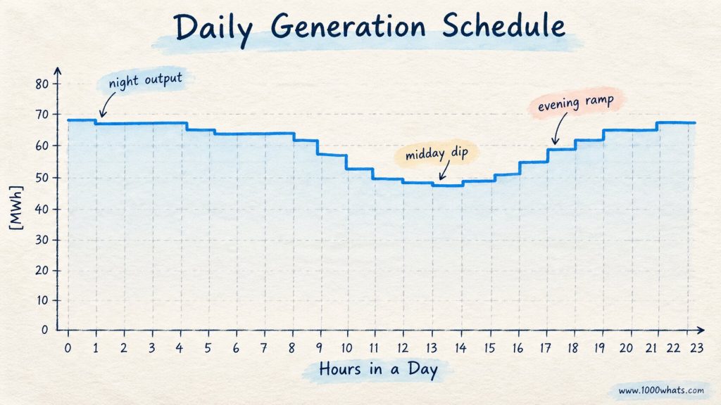 Electricity balancing chart showing a planned daily generation schedule with night output, a midday dip, and an evening ramp.