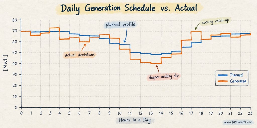 Electricity balancing chart comparing planned generation with actual generated electricity across a 24-hour period.