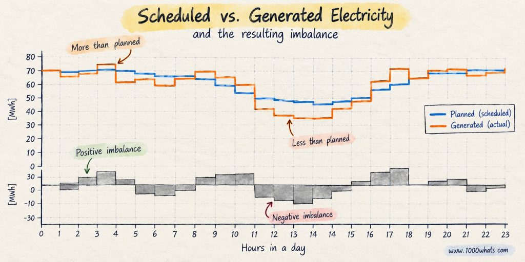 Electricity balancing infographic showing scheduled and actual generation with positive and negative imbalance values during the day.