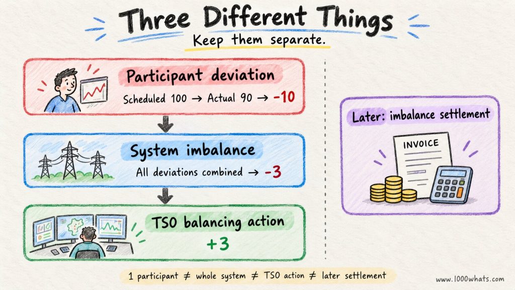 Electricity balancing infographic separating participant deviation, system imbalance, TSO balancing action, and imbalance settlement.