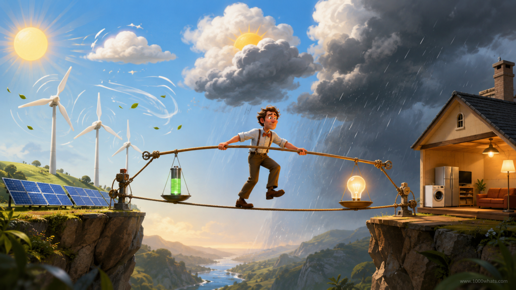 Electricity balancing featured image showing a tightrope walker balancing renewable generation on one side and electricity demand on the other.