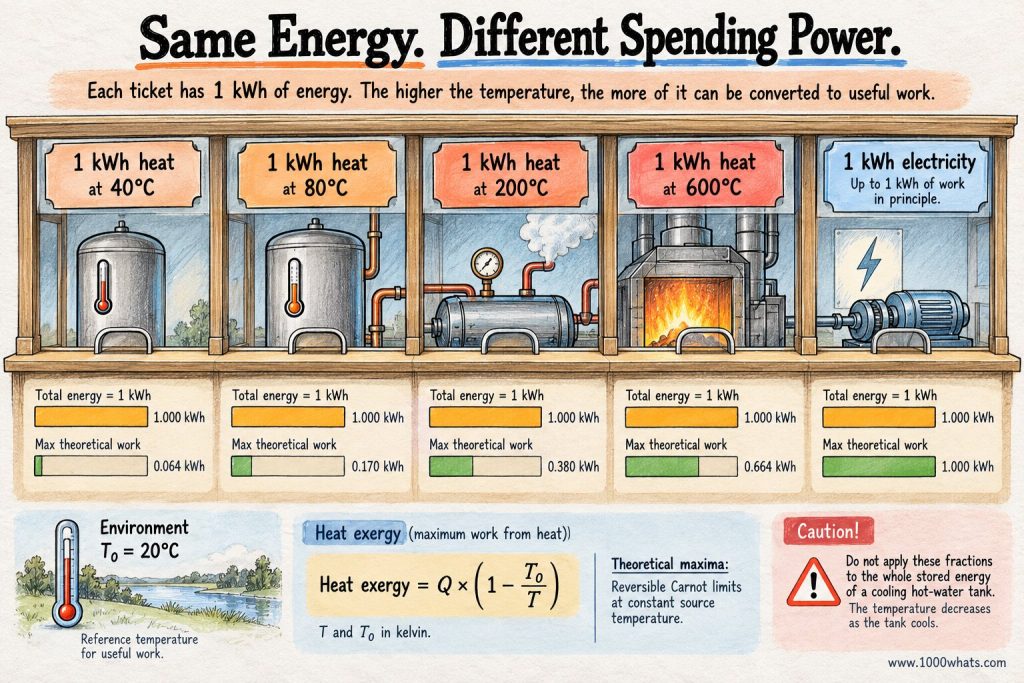Exergy infographic comparing 1 kWh of heat at 40°C, 80°C, 200°C and 600°C with 1 kWh of electricity, showing increasing theoretical work potential at higher temperatures.