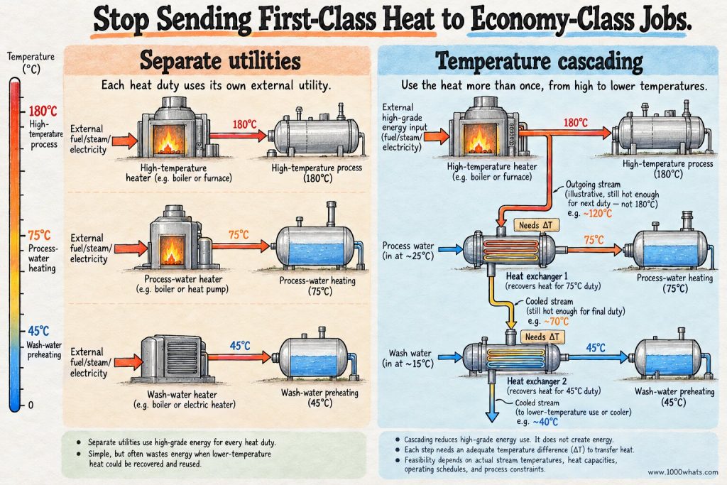Exergy infographic comparing separate industrial heating utilities with temperature cascading that reuses high-temperature heat for progressively lower-temperature processes.