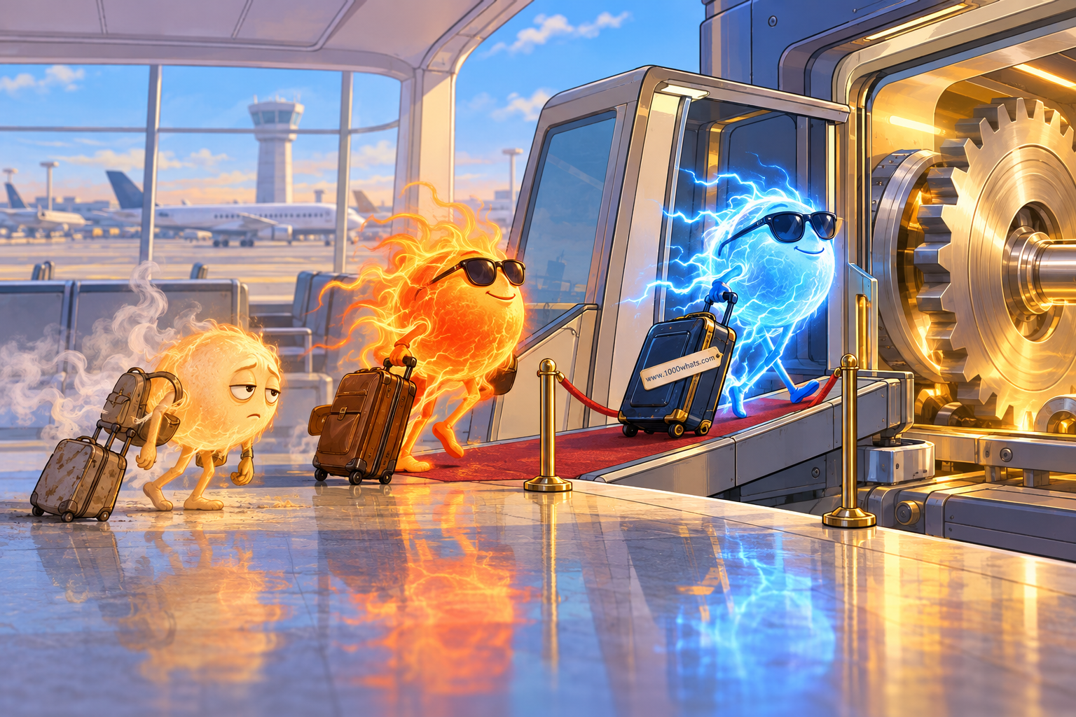 Exergy featured image showing low-temperature heat, high-temperature heat and electricity as travelers with different access to useful work.