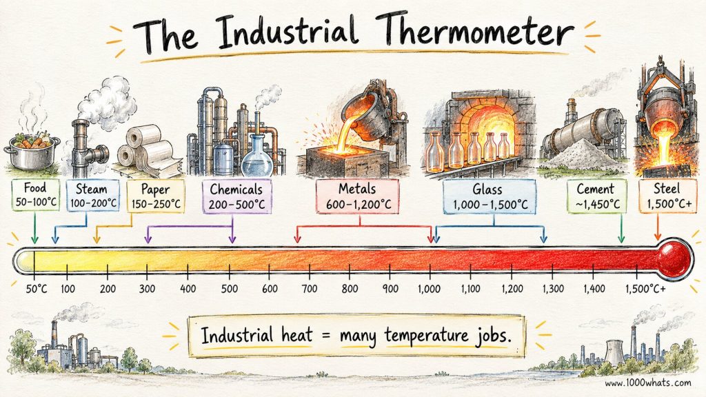 Industrial heat temperature scale showing food, steam, paper, chemicals, metals, glass, cement, and steel from 50°C to above 1,500°C.