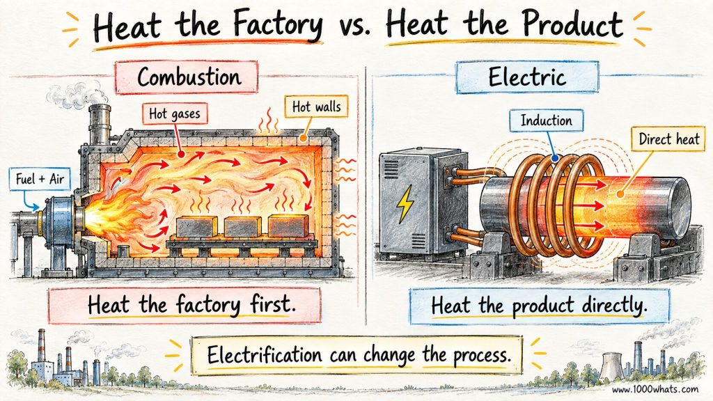 Industrial heat diagram comparing a combustion furnace heating gases and walls with electric induction heating a metal product directly.