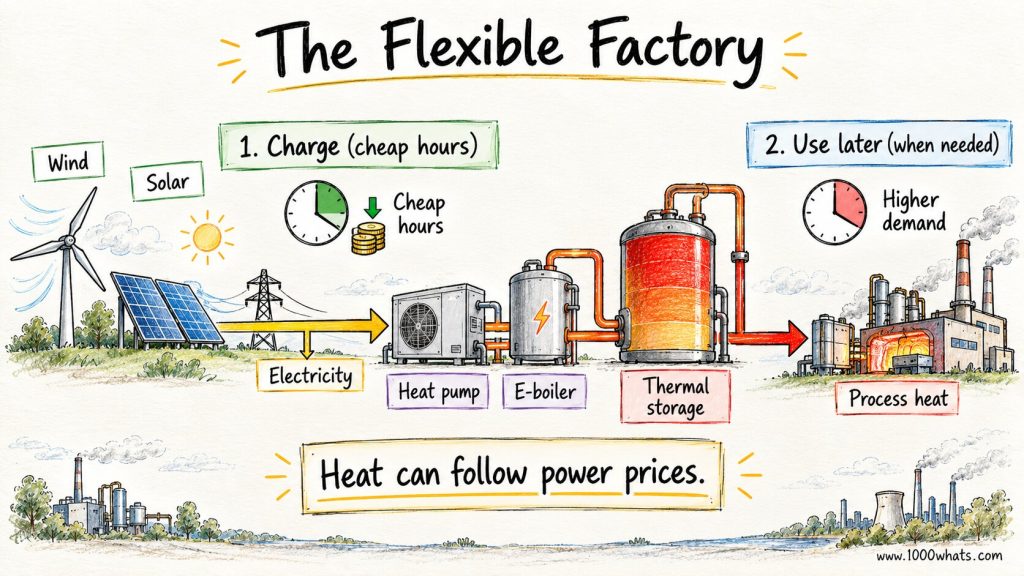 Industrial heat flexibility diagram with wind and solar electricity feeding a heat pump, electric boiler, thermal storage, and later process heat.